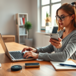 Mulher moderna em escritório iluminado usando smartphone e laptop para realizar transação segura no Pix, com dispositivos de segurança digital no ambiente