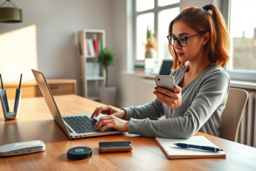 Mulher moderna em escritório iluminado usando smartphone e laptop para realizar transação segura no Pix, com dispositivos de segurança digital no ambiente