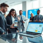 Ambiente de banco moderno com profissionais usando smartphone e laptop para transações Pix, destacando inovação financeira eficiente