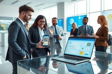 Ambiente de banco moderno com profissionais usando smartphone e laptop para transações Pix, destacando inovação financeira eficiente