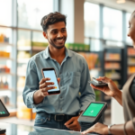 Cliente brasileiro usando smartphone para pagar com PIX e economizar cashback em compra dentro de loja moderna e iluminada