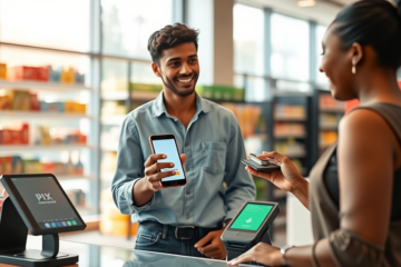 Cliente brasileiro usando smartphone para pagar com PIX e economizar cashback em compra dentro de loja moderna e iluminada