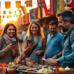 Turistas usando Pix para pagamento rápido em mercado internacional vibrante, destacando praticidade nas compras turísticas
