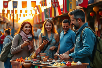 Turistas usando Pix para pagamento rápido em mercado internacional vibrante, destacando praticidade nas compras turísticas