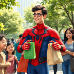 Herói socialmente responsável inspirado no Homem-Aranha engajando a comunidade em evento urbano diurno promovendo responsabilidade social e vendas
