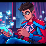 Homem vestido com traje inspirado no tema aracnídeo engajando com fãs em um ambiente moderno e tecnológico de redes sociais