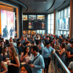 Cena realista de um cinema australiano movimentado na estreia de No Way Home, mostrando público animado e aumento nas vendas de ingressos