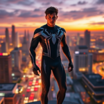 Jovem vestido com traje estilizado de Homem-Aranha em pose dinâmica na cobertura ao pôr do sol, cenário urbano vibrante e figuras múltiplas ao fundo