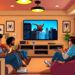 Amigos jogando jogos do Homem-Aranha em uma sala moderna com TV grande exibindo ação vibrante do herói em estilo cartoon