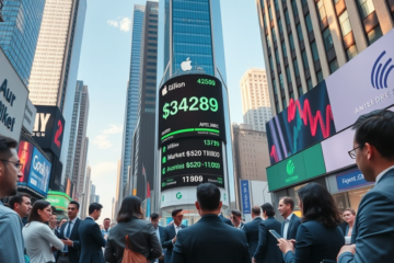 As ações da Apple subiram, alcançando um valor de mercado histórico de 5 trilhões de dólares, enquanto a empresa reavalia sua estratégia em tecnologia.