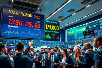 Gráfico mostrando a alta do Ibovespa e o crescimento do mercado brasileiro em agosto de 2026.
