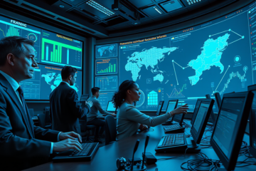 Imagem representativa da interação entre inteligência artificial e riscos cibernéticos no sistema financeiro global.