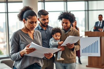 Representação de famílias enfrentando dívidas e a possível intervenção do Tesouro Nacional para a compra de dívidas antigas como solução para o endividamento.